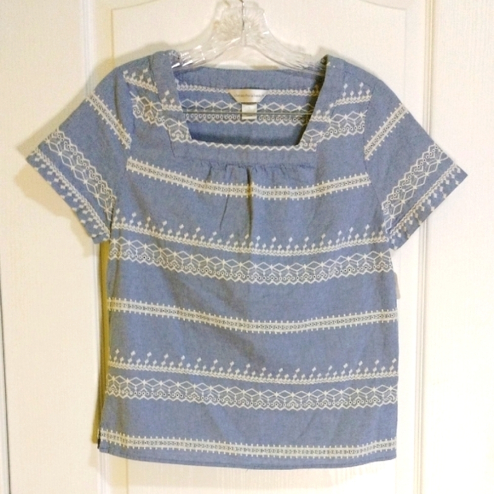 Christopher & Banks Blue and Cream Lace Accent Blouse